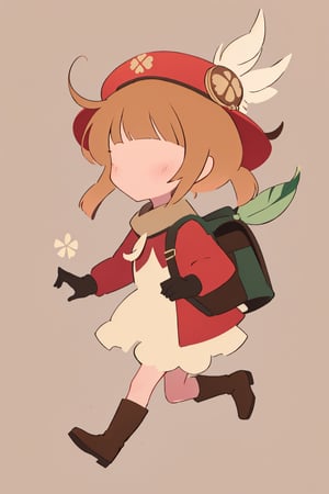 (anime minimalist),klee_genshin,masterpiece,little girl,brown scarf,clover print,hat feather,long sleeves,red coat,dress,bloomers,brown gloves,brown boots,randoseru,pocket,bag charm,background explosion,colorful background,far away shot,from side,running,no facial features,