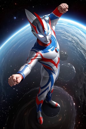 masterpiece,4K,best quality,(ultraman),(ultraman focus),(360 degrees photo to tiny planet),((from above)),360picture,(little planet),concept art,(standing on the planet),pose,(((hold one hand high))),(make a fist),(round planet),((universe background)),star,holding a planet,tiny planet,