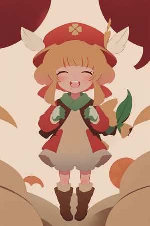 (anime minimalist),klee_genshin,masterpiece,little girl,brown scarf,clover print,hat feather,long sleeves,red coat,dress,bloomers,brown gloves,brown boots,randoseru,pocket,bag charm,no facial features,explode,open arms,