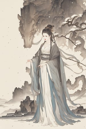 ((4k,masterpiece,best quality)),white,traditional chinese ink painting,1girl,((full body)),very long hair,hanfu,maxiskit,cleavage,((chiffon)),original,visual appeal,elegant posture,scenery,((snow scene)),(((detail processing))),