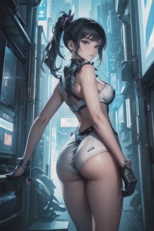 1girl,extremely revealing clothes,perfect hands,beautiful face,perfect eyes,perfect body,(looking back:1.4),from behind,shiny skin,masterpiece,shiny,best quality,incredibly_absurdres,aethetic,extremely detailed,intricate,cyberpunk,trailing light,dynamic light,neon lights,adjust hair,,
