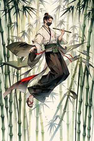 1boy,(bamboo grove:1.4),(full body:1.3),beautiful man,beautiful detailed face,extremely detailed eyes,extremely excellent composition,visual appeal,ink style,aethetic,8k Ultra HD,dynamic angle,dynamic pose,enchanting radiance,straw sandals,mask,covered mouth,jump into the air,