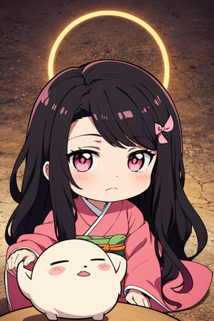 solid circle eyes,((chibi)),1girl,nezuko kamado,black hair, forehead,hair ribbon, long hair, multicolored hair, pink eyes, orange hair, slit pupils, wavy hair, two-tone hair, asa no ha (pattern), checkered sash, haori, japanese clothes, kimono, long sleeves, obi, pink kimono, sash, wide sleeves,extremely excellent composition,visual appeal,