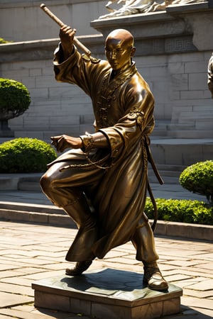 masterpiece,4K,best quality,(realistic),Multi-Layered Textures,visual appeal,gold,(((living statue))),whimsy,chinese style,wuxia,wushu monk,(bald),holding,stick,stone tile floor,stone staircase,martial arts,dynamic pose,