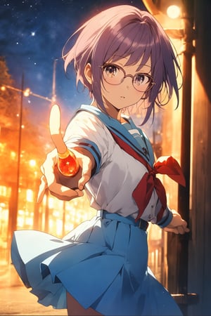 score_9, score_8_up, score_7_up, source_anime,best quality,nagato yuki\,(detailed eyes),(visual appeal),cowboy shot,short hair,bangs,purple hair,glasses,brown eyes,blue sailor collar,white serafuku,red ribbon,blue skirt,kita high school uniform,school roof,moon,standing,pointing outstretched hand,Index finger glows,alien,