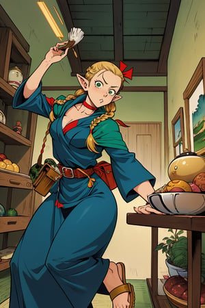 (masterpiece,excellent composition),4K,best quality,1girl,dungeon,marcille donato\donato marcille\(delicious in dungeon\),pointy ears,blonde hair,parted bangs,hair ribbon,green eyes,red choker,light blue capelet,ribbon,(dark blue dress,long dress),long sleeves,brown belt,belt pouch,sandals,(french braid twin braids),((visual appeal,art style by Mitsutoshi Shimabukuro + Eiichiro Oda + Ryoko Kui)),dynamic angle,dynamic pose,eating,sumptuous food,