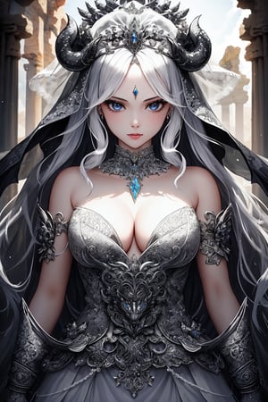 (bride,goddess),(Ancient ruins ),(Black and white entanglement),(silver and crystal entanglement),8k Ultra HD,masterpiece,intricate details,dragon head,dragon,