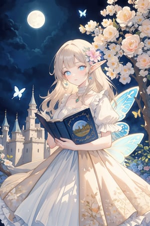 1 girl,cowboy shot,(gouache watercolor art,fairy tale illustrations),((ultra highly detailed)),(detailed filling,intricate image),(stunning image,complex background),(moon,scenery),(butterflies,flowers),(frilled dress,hair flower),(castle,architecture),(glowing,jewelry),(elf,little fairy),(ship,tree),(fantasy,dreamlike),(detailed eyes),(beautiful,aesthetic),(books,open book),