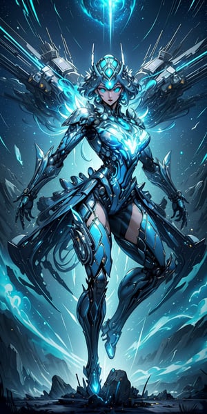 armor full power,(extremely detailed eyes: 1.4),(thigh shot: 1.2),tech,imperial,perfect hands,detailed fingers,intricate details,extremely excellent composition,visual appeal,beautiful detailed glow,sparkling,metal reflective,glowing,(dynamic pose: 1.4),perfect body,future technology beam weapon,beam weapon,universe,levitating laser cannon,blue theme,starry sky,