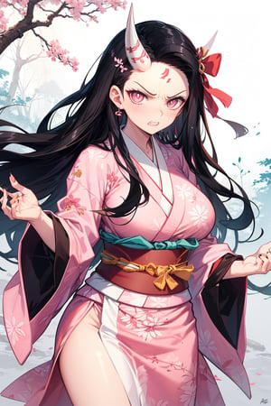 1girl,(huge muscle,muscular),nezuko kamado,single horn,angry,fang,clenched teeth,black hair, forehead,hair ribbon, long hair, multicolored hair, pink eyes, orange hair, slit pupils, wavy hair, two-tone hair, asa no ha (pattern), checkered sash, haori, japanese clothes, kimono, long sleeves, obi, pink kimono, sash, wide sleeves,forest,dynamic angle,dynamic pose,extremely excellent composition,visual appeal,pointed nails,