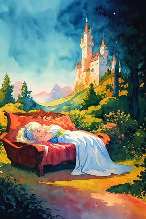 (1 girl,watercolor style,gouache style,fairy tales,complex background),((ultra highly detailed)),masterpiece,absurdres,best quality,excellent composition,visual appeal,(Eyvind Earle style,Sleeping Beauty,beautiful and aesthetic),