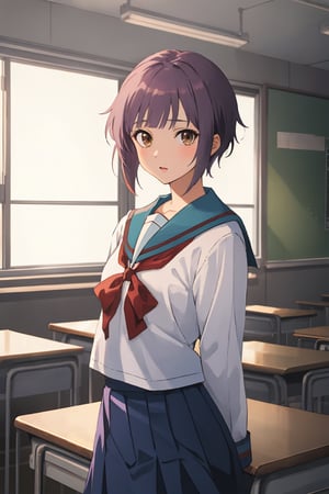 score_9, score_8_up, score_7_up, source_anime,best quality,nagato yuki\,(detailed eyes),(visual appeal),cowboy shot,short hair,bangs,purple hair,brown eyes,blue sailor collar,white serafuku,red ribbon,blue skirt,kita high school uniform,school classroom,standing,arms behind back,alien,