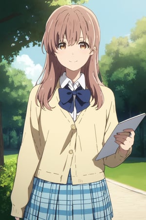 score_9, score_8_up, score_7_up, source_anime,(detailed eyes),shouko nishimiya,1girl,cowboy shot,long hair,bangs,brown hair,brown eyes,cardigan,blue bowtie,blazer,blue and white plaid pleated skirt,smile,tree,holding notebook,open notebook,english text,(hand up,show notebook),(Notebook with text as "thank you"),style_brush,