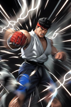 masterpiece,4K,best quality,(visual appeal),ryu \(street fighter\),((upper body)),(black hair,short hair,detailed face,detailed eyes),red headband,white dougi,sleeveless,(torn clothes),white dojo pants,black martial arts belt,red fingerless gloves,muscular,(standing),fighting stance,dynamic angle,dynamic pose,intense face,angry,clenched teeth,(((motion blur,motion lines))),(glowing,electricity,east asian architecture),((IncrsPunchMeme)),((punches)),((multiple punches)),