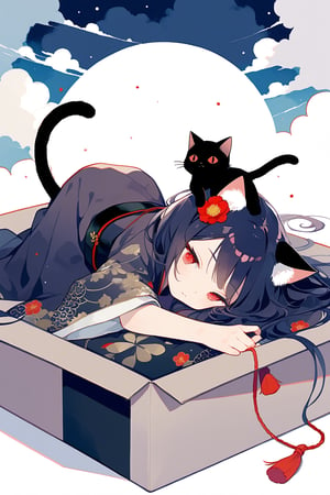 score_9,score_8_up,score_7_up, ,masterpiece,best quality,shota,delicate and charming,red eye,long hair,wide sleeves,cloud patterns,chinese clothes,black robe with red accents,black belt,(lying on her side,curled up pose,lying in a box),sagawa,black cat ears,black cat tail,black hair,flower,