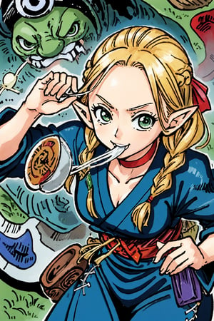 (masterpiece,excellent composition),4K,best quality,1girl,dungeon,marcille donato\donato marcille\(delicious in dungeon\),pointy ears,blonde hair,parted bangs,hair ribbon,green eyes,red choker,light blue capelet,ribbon,(dark blue dress,long dress),long sleeves,brown belt,belt pouch,sandals,(french braid twin braids),((visual appeal,art style by Mitsutoshi Shimabukuro + Eiichiro Oda + Ryoko Kui)),dynamic angle,dynamic pose,eating,sumptuous food,