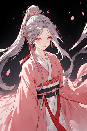 from above,1 girl,palace,delicate facial features,aethetic,extremely excellent composition,8k Ultra HD,deep eyes,demure,pink hanfu,extremely detailed eyes,visual appeal,dynamic angle,wind,floating hair,adjusting hair,