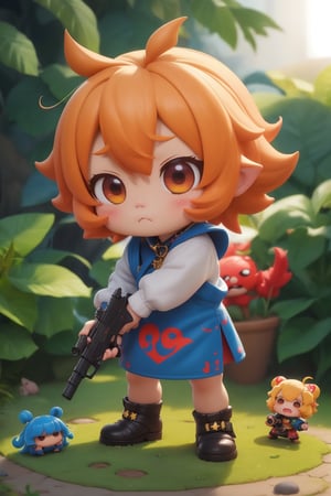 score_9,score_8_up,score_7_up, ,masterpiece,4K,best quality,a Q version character holding a huge pistol,chibi,kawaii,cute,(innocent expression),matte role,miniature garden,huge pistol,petite character,(slain monster),