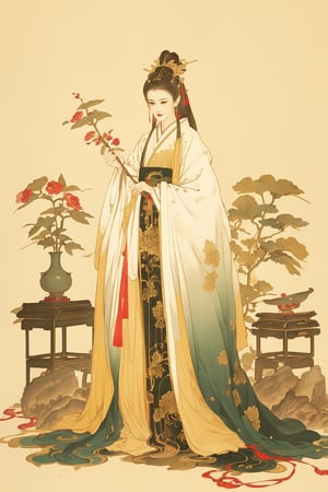 ((4k,masterpiece,best quality)),traditional chinese ink painting,1girl,(full body:1.3),very long hair,ancient lamp,east asian architecture,classical beauty,hanfu,tiny golden accents,elegant posture,detailed eyes,original,antique,vase,