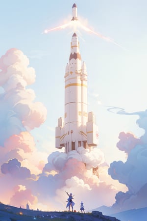 masterpiece,4K,(best quality),whimsy,fantasy,dreamlike,unconstrained style,ultra-detailed,more detail,perfect composition,visual appeal,metal tower,rocket takes off,smoke,progress,(people looking up from a distance),