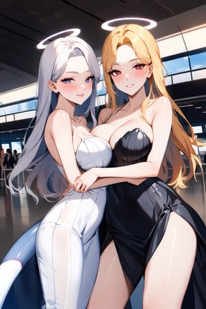 score_9, score_8_up, score_7_up, ,(masterpiece,best quality,4K),group photo,(two girls,two people),((angel and succubus)),same age,(cuddle),glamorous,gorgeous,beautiful,delicate facial features,detailed eyes,large breasts,smile,small mouth,airport,symmetrical docking,breast press,(devil girl).
A role : succubus girl wearing ((black dress)),((succubus tail)),white hair,long hair,long parted bangs\.
B role : angel girl wearing (white dress),halo,blond,bare shoulders\.