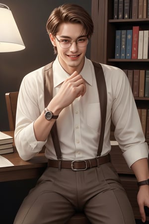 beautiful  fingers,finger length,masterpiece,visual appeal,4K,best quality,1boy,brown hair,(detailed eyes),handsome,(cowboy shot),young,beautiful,(base color: brown),smile,glasses,study,bookcase,desk,desk lamp,chair,book,open book,sitting,suspenders,shirt,belt,trousers,watch,