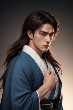 beautiful  fingers,finger length,backlighting,masterpiece,visual appeal,4K,best quality,1boy,brown hair,(long hair),(detailed eyes),handsome,(cowboy shot),experienced,Japanese style,ronin,Ronin's hair,kimono,hakama,thin sash,black ink,splash style background,masculine,manly,murderous intent,