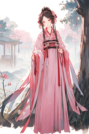 full body,1 girl,scenery,delicate facial features,aethetic,extremely excellent composition,8k Ultra HD,deep eyes,demure,pink hanfu,extremely detailed eyes,visual appeal,