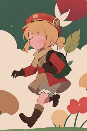 (anime minimalist),klee_genshin,masterpiece,little girl,brown scarf,clover print,hat feather,long sleeves,red coat,dress,bloomers,brown gloves,brown boots,randoseru,pocket,bag charm,from side,running,no facial features,klee running method,