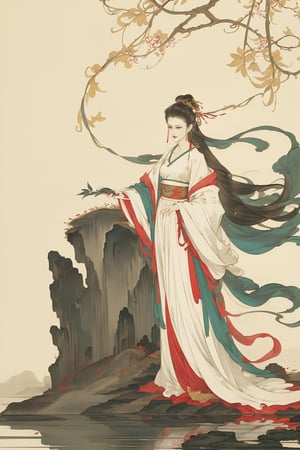 ((4k,masterpiece,best quality)),traditional chinese ink painting,1girl,((full body)),very long hair,hanfu,detailed eyes,original,chiffon,enchanting radiance,visual appeal,dynamic pose,((scenery,fantasy)),white,bikini,maxiskit,