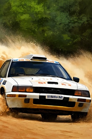 oil painting style,sandy land,white rally car,motion blur,sand dust,tire focus,close-up,