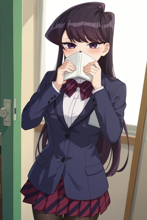 score_9, score_8_up, score_7_up, source_anime,(detailed eyes),komi shouko\,shouko komi\komi can't communicate\,cowboy shot,1girl,((with girl two hands holding notebook)),(with the notebook with text as "thank you"),((8K size notebook)),(open notebook),(show notebook),(notebook covering mouth),two hands up,english text,long hair,bangs,black hair,purple eyes,striped bow tie,dark blue blazer,white shirt,long sleeves,pleated skirt,black pantyhose,blush,red and black striped bow tie,red and black striped pleated skirt,thighband pantyhose,miniskirt,style_brush,