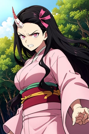 1girl,huge muscle,muscular,nezuko kamado,single horn,angry,fang,clenched teeth,black hair, forehead,hair ribbon, long hair, multicolored hair, pink eyes, orange hair, slit pupils, wavy hair, two-tone hair, asa no ha (pattern), checkered sash, haori, japanese clothes, kimono, long sleeves, obi, pink kimono, sash, wide sleeves,forest,dynamic angle,dynamic pose,extremely excellent composition,visual appeal,