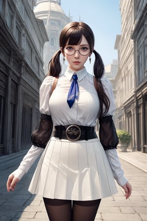 4K,masterpiece,best quality,1girl,(thigh-level perspective),(((accord \(drakengard 3\)))),standing,large breasts,black hair,long hair,(low twintails),((blunt bangs)),extremely detailed face,extremely detailed eyes,((glasses (round frame))),earrings,white collarless shirt,white detached collar,black ladies tie,long sleeves,juliet sleeves,(cufflinks),black gloves,belt,black flared skirt(short skirt),(white pantyhose),holding,book,holding book,open book,architecture,one arm behind back,