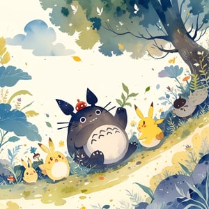 Totoro,Pokemon,Children's Illustration Style,watercolor \(medium\)