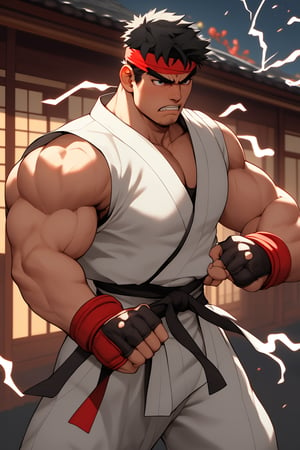 masterpiece,4K,best quality,(visual appeal),ryu \(street fighter\),(cowboy shot,black hair,short hair,detailed face,detailed eyes),red headband,white dougi,sleeveless,(torn clothes),white dojo pants,martial arts belt,red black fingerless gloves,muscular,(standing),fighting stance,dynamic angle,dynamic pose,intense face,angry,clenched teeth,(motion blur,motion lines,mature,experienced,strong,glowing,electricity,east asian architecture),