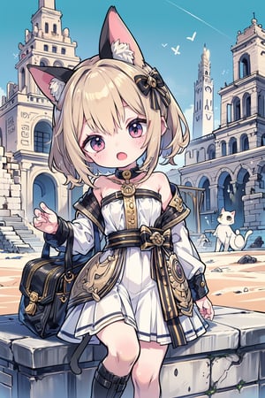 (detail processing: 1.2),egypt theme background,egyptian characteristics,egypt,desert,worn stone pedestal amidst ancient temple ruins,ancient temple ruins,blue and gold hieroglyphics,tuya,anime chibi style,chibi,master's masterpiece,high resolution,absurdres,clear,excellent composition,cats,cutes,(multiple cats: 1.2),detailed filling,loli