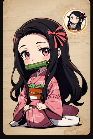 solid circle eyes,((chibi)),1girl,nezuko kamado, bamboo, bit gag, black hair, forehead, gag, gagged, hair ribbon, long hair, multicolored hair, orange hair, wavy hair, two-tone hair, asa no ha (pattern), checkered sash, haori, japanese clothes, kimono, long sleeves, obi, pink kimono, sash, wide sleeves, extremely excellent composition,visual appeal,contour,