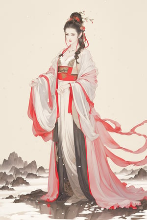 ((4k,masterpiece,best quality)),white,traditional chinese ink painting,1girl,((full body)),very long hair,hanfu,maxiskit,cleavage,((chiffon)),original,visual appeal,elegant posture,((snow scene)),(((detailed filling))),