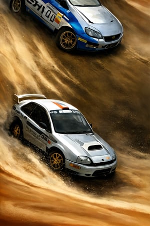 oil painting style,sandy land,white rally car,motion blur,sand dust,(tire focus:1),close-up,