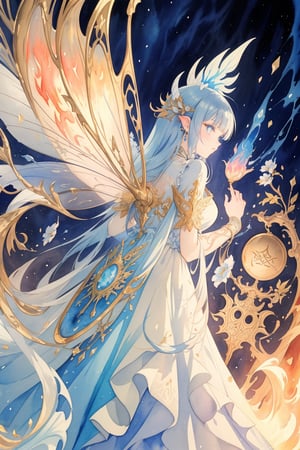 a girl and a monster,(from a distance,from behind),(gouache watercolor art,fairy tale illustrations),((ultra highly detailed)),(detailed filling,intricate image),(stunning image,complex background),frilled dress,long dress,glowing,jewelry,(fantasy,dreamlike),(detailed eyes),(beautiful,aesthetic),(masterpiece,best quality),(excellent composition,visual appeal),(dungeon,monster),magic,runes,flame,electricity,fighting,female mage fights monster,(looking away),