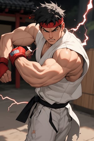 masterpiece,4K,best quality,(visual appeal),ryu \(street fighter\),(cowboy shot,black hair,short hair,detailed face,detailed eyes),red headband,white dougi,sleeveless,(torn clothes),white dojo pants,martial arts belt,red black fingerless gloves,barefoot,muscular,(standing),fighting stance,dynamic angle,dynamic pose,intense face,angry,clenched teeth,(motion blur,motion lines,mature,experienced,strong,glowing,electricity,east asian architecture),