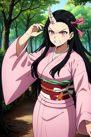 1girl,huge muscle,muscular,nezuko kamado,single horn,angry,fang,clenched teeth,black hair, forehead,hair ribbon, long hair, multicolored hair, pink eyes, orange hair, slit pupils, wavy hair, two-tone hair, asa no ha (pattern), checkered sash, haori, japanese clothes, kimono, long sleeves, obi, pink kimono, sash, wide sleeves,forest,dynamic angle,dynamic pose,extremely excellent composition,visual appeal,