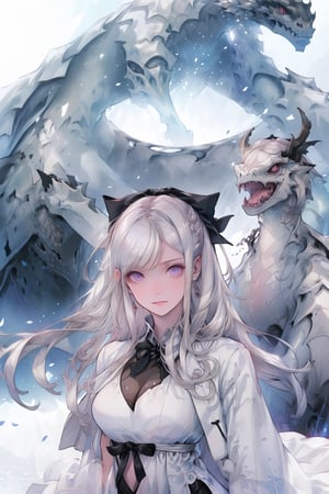 ((masterpiece,4K,best quality)),(mikhail \(drakengard 3\)),dragon,white scales,white skin,no humans,architecture, BREAK,1girl,zero\drakengard 3\,(((white hair))),((black hair bow)),(long hair),white dress,girl and dragon,(extremely detailed face),((extremely detailed eyes)),pink eyes,piercing eyes,bangs,