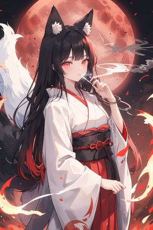 masterpiece,4K,best quality,((ultra-detailed)),(the background is filled with smoke and destruction,glowing),(fox ears,fox tail),((red moon)),piercing eyes,long hair,japanese clothing,black hair,bangs,