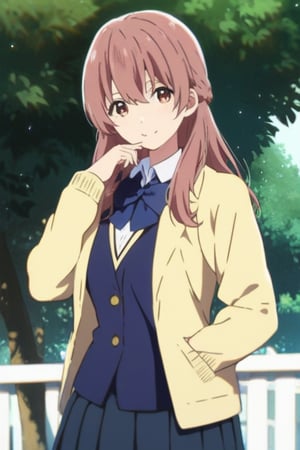 score_9, score_8_up, score_7_up, source_anime,(detailed eyes),nishimiya shouko\,shouko nishimiya\a silent voice\,1girl,cowboy shot,long hair,bangs,hair between eyes,brown hair,brown eyes,blue bowtie,school uniform,(dark blue blazer),yellow cardigan,white shirt,long sleeves,pleated skirt,blue and white plaid pleated skirt,smile,tree,((fingers together and straightened,raise left hand horizontally,raise right hand vertically)),