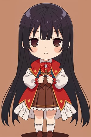 score_9, score_8_up, score_7_up, source_anime, (masterpiece,best quality,chibi,cute and adorable,kawaii),yumielladolkness,black hair,very long hair,black eyes,red cape,brown pleated skirt,red corset lace-up skirt,holding a cute doll,dreamy background,flowers,