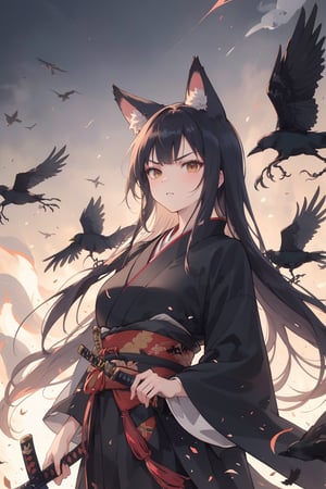 masterpiece,4K,best quality,((ultra-detailed)),(katana in hand in front of face,the background is filled with smoke and destruction,crows soar in the sky,creating an atmosphere of chaos long hair),(fox ears,fox tail),angry,japanese clothing,