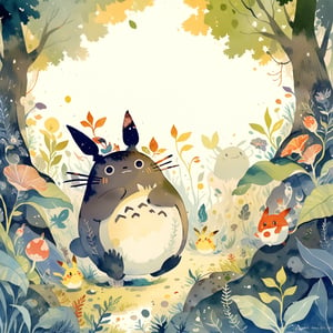 Totoro,Pokemon,Children's Illustration Style,watercolor \(medium\)