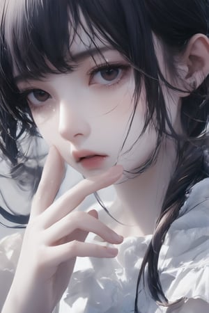 (anime style),watercolor style,masterpiece,best quality,1girl,girl focus,detailed eyes,beautiful,aethetic,little finger raised,little finger on lips,black eyes,beautiful female fingers,emoart,
